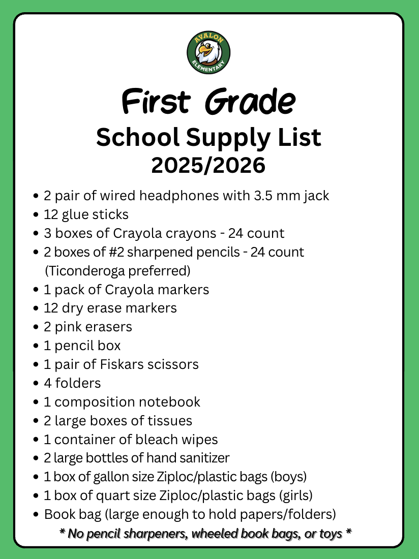 First Grade School Supply List